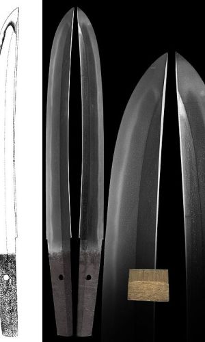 Toto je ó tantó shóbu zukuri. Tento typ čepele je jako hira zukuri, ale má podélné žebro shinogi. Kalení je suguha s ashi.