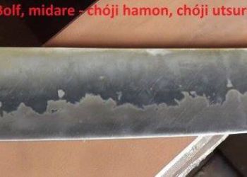 Hocho tanto, choji midare hamon with a distinctive choji utsuri. Condition after highlighting with nitric acid solution