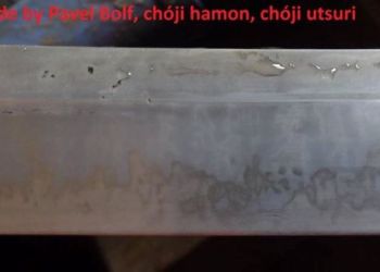 Choji utsuri on a blade in Ichimonji style. Condition after highlighting with nitric acid solution